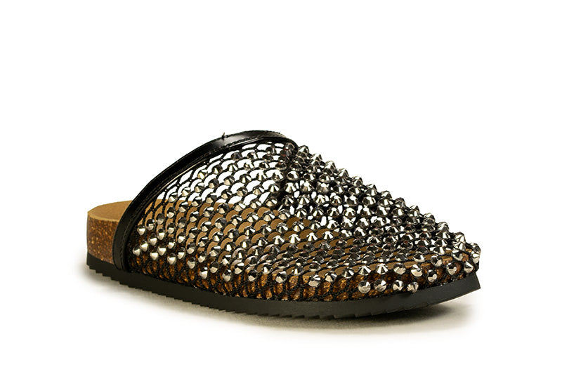 Closed-toe, low-wedge slide sandals with sparkling embellishments.