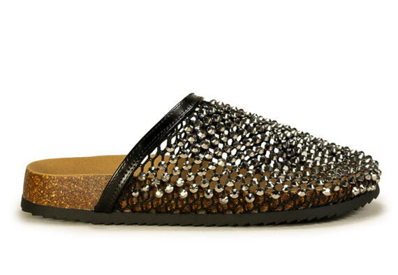 Closed-toe, low-wedge slide sandals with sparkling embellishments.