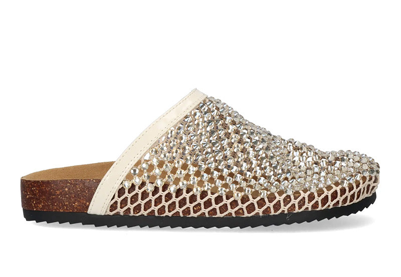 Closed-toe, low-wedge slide sandals with sparkling embellishments.