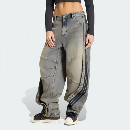 Patchwork curved loose jeans