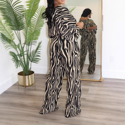 Off-shoulder printed two-piece suit
