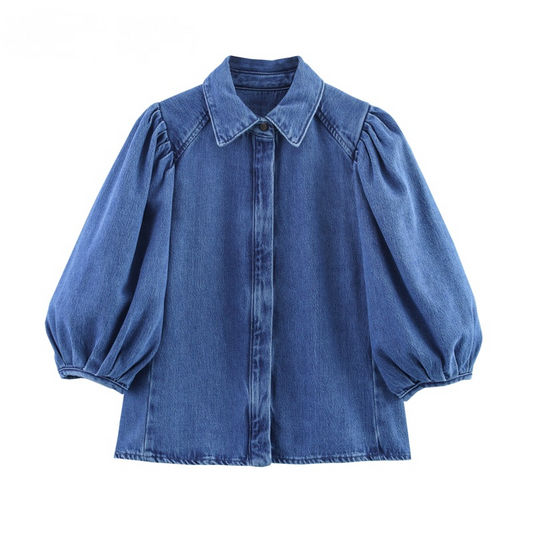 Women's denim shirt with three-quarter puff sleeves