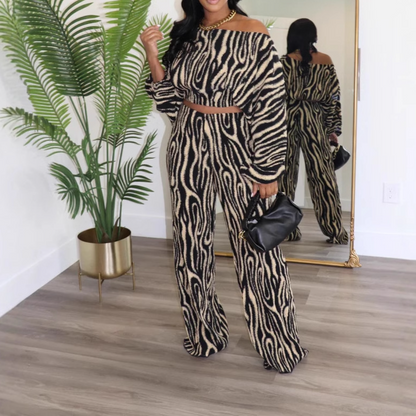 Off-shoulder printed two-piece suit