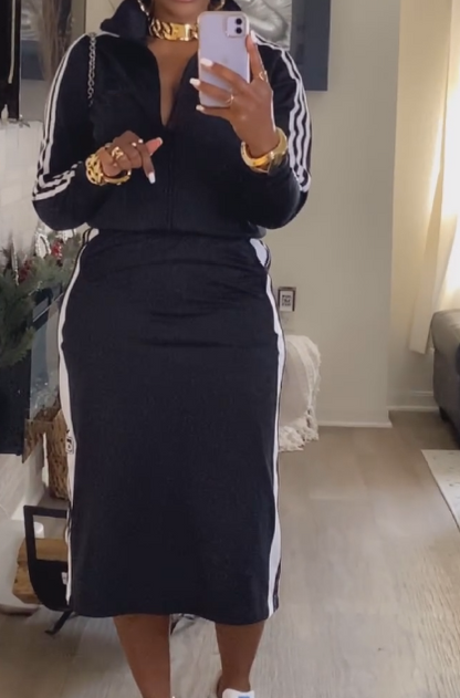 Stand collar jacket + high waist skirt sports suit