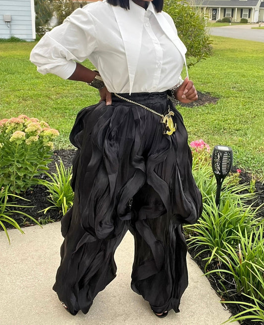 Pointed collar white shirt + ruffled drawstring sweatpants