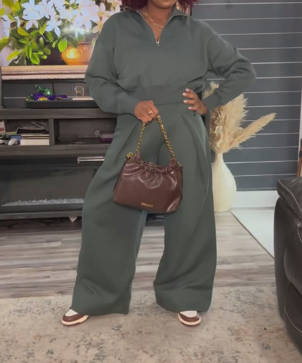 Zippered Cropped Sweatshirt + High-Waisted Pleated Pants