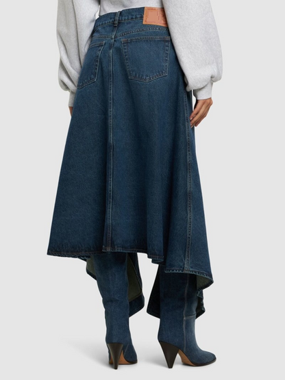 Denim asymmetric slit midi skirt