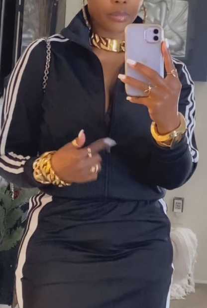 Stand collar jacket + high waist skirt sports suit
