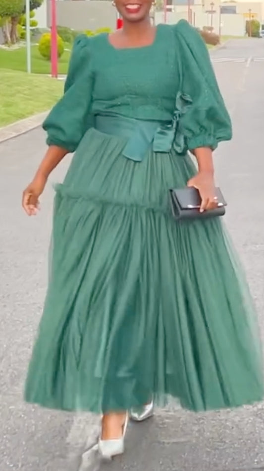 Green Puff Sleeve Top &amp; Tiered Tulle Skirt Co-Ord Set