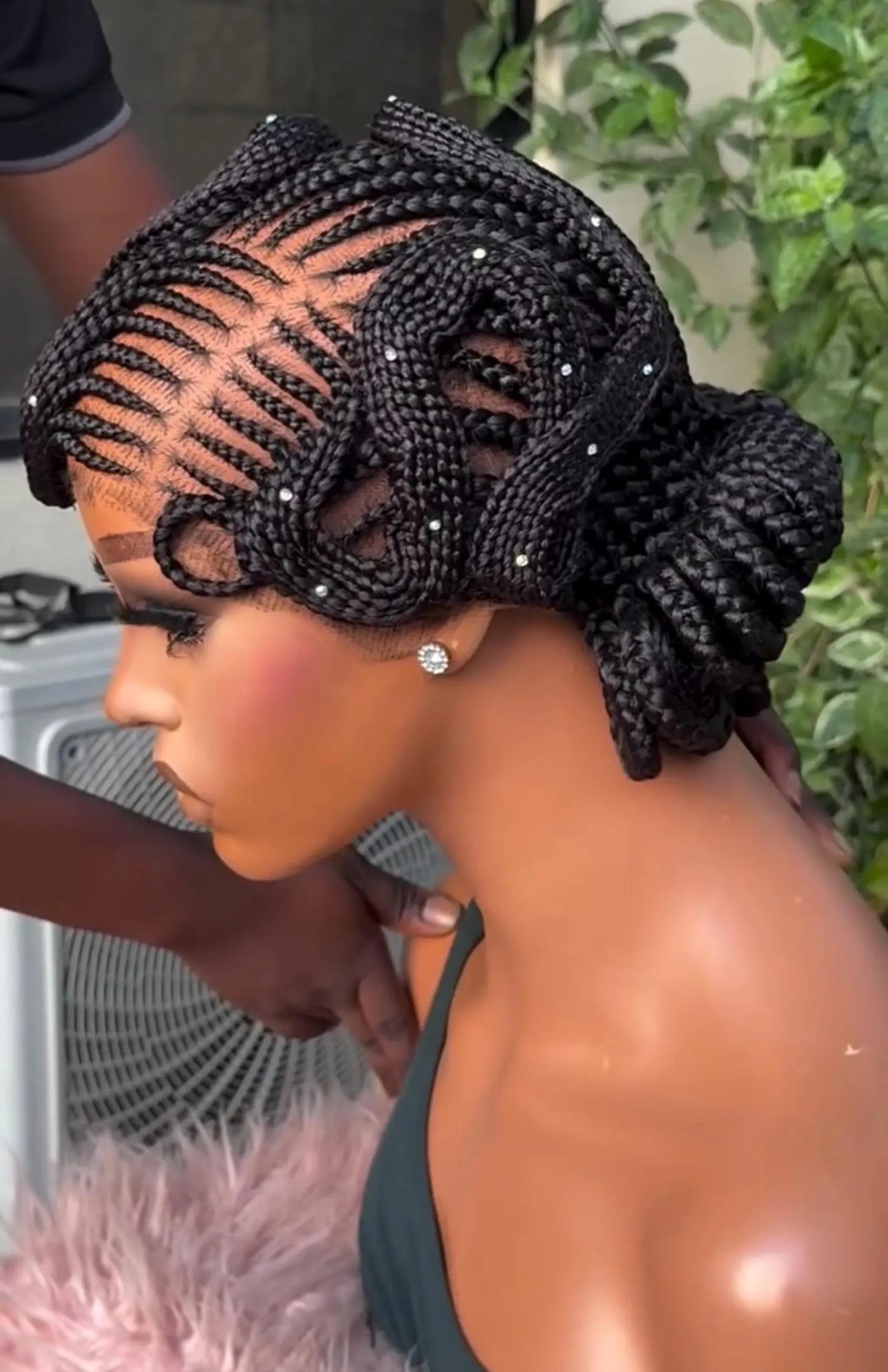 Handmade Braided Wig, Sculpted Updo Cornrows, Crystal Beads, Natural Black Synthetic Fiber