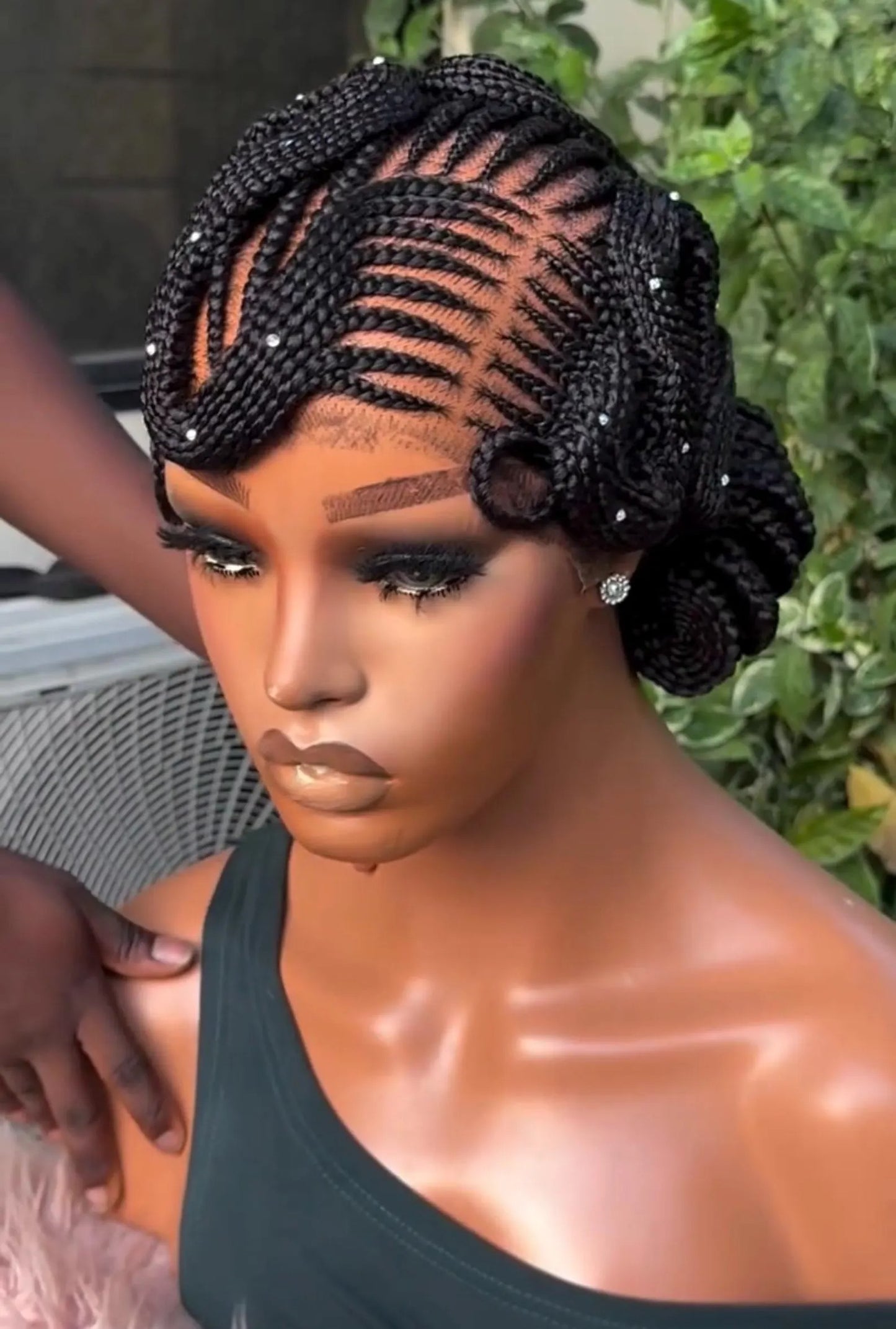Handmade Braided Wig, Sculpted Updo Cornrows, Crystal Beads, Natural Black Synthetic Fiber