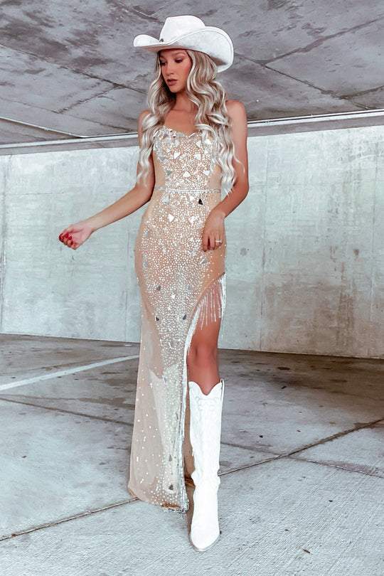 Rhinestone fringed side slit long dress