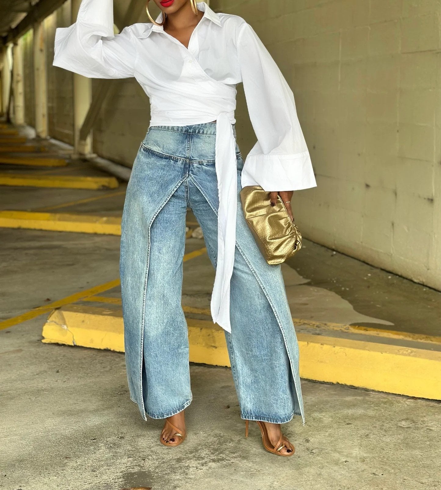 Deconstructed Denim Banana Pants Fake Two Piece Denim Wide Leg Pants