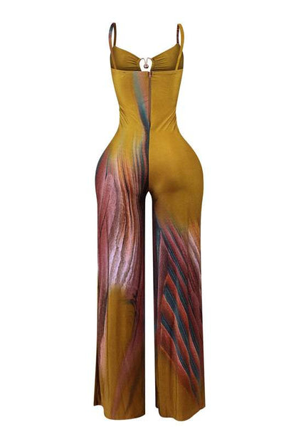 Printed suspender jumpsuit with metallic trim details