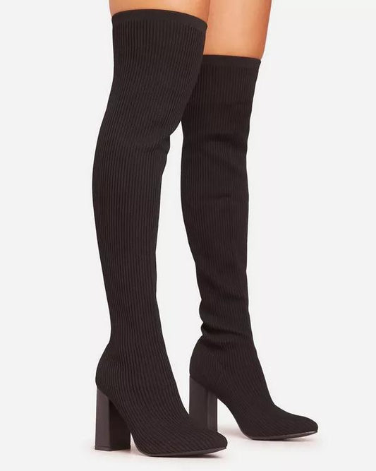 Chunky heel thigh high stocking boots