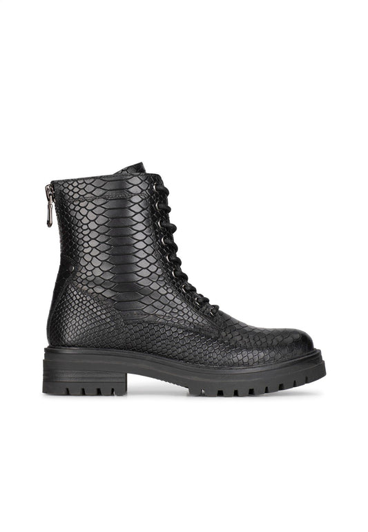 Snake print black leather lace-up boots