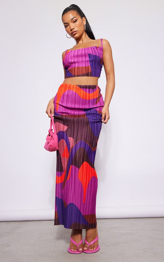 Printed pleated two-piece set