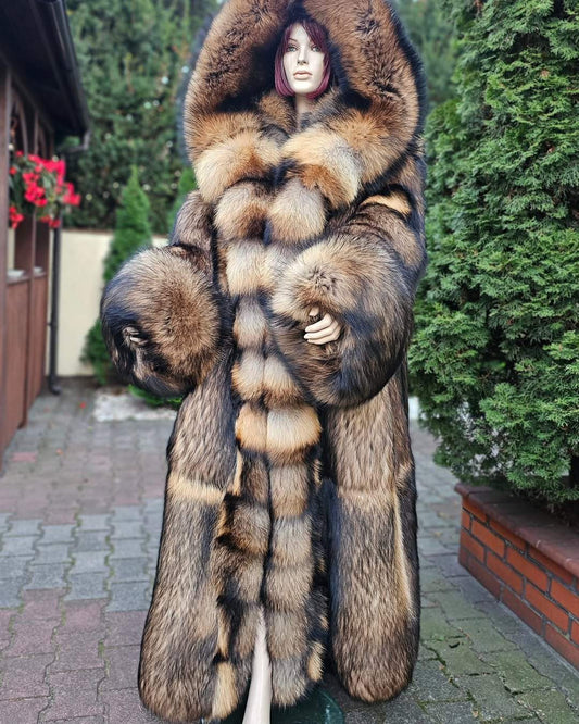 Extra long faux raccoon fur hooded fur coat