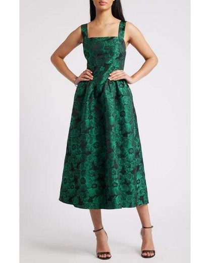 Women's Green Sleeveless Brocade Midi Dress