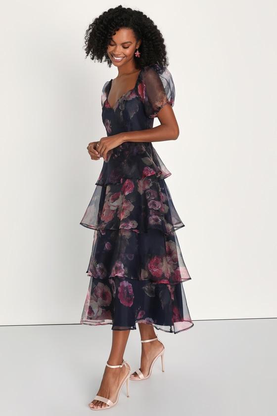 Navy floral organza tiered midi dress