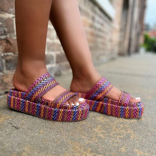 Multicolor patterned woven raffia platform sandals