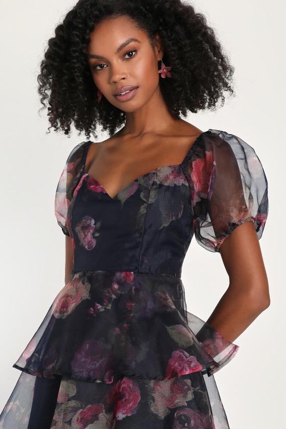 Navy floral organza tiered midi dress