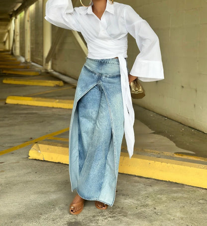 Deconstructed Denim Banana Pants Fake Two Piece Denim Wide Leg Pants