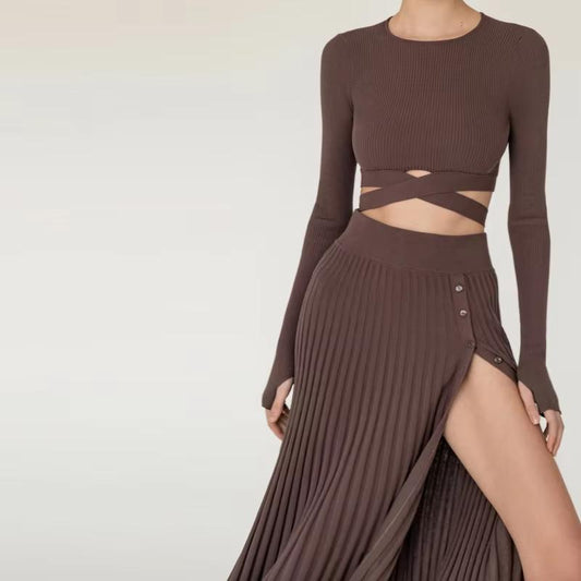 Women's solid color knitted ribbed crossover crop top slit skirt suit