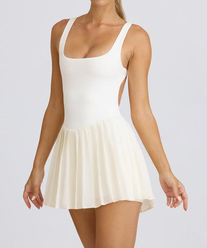 Open-Back Pleated Tennis Dress in White