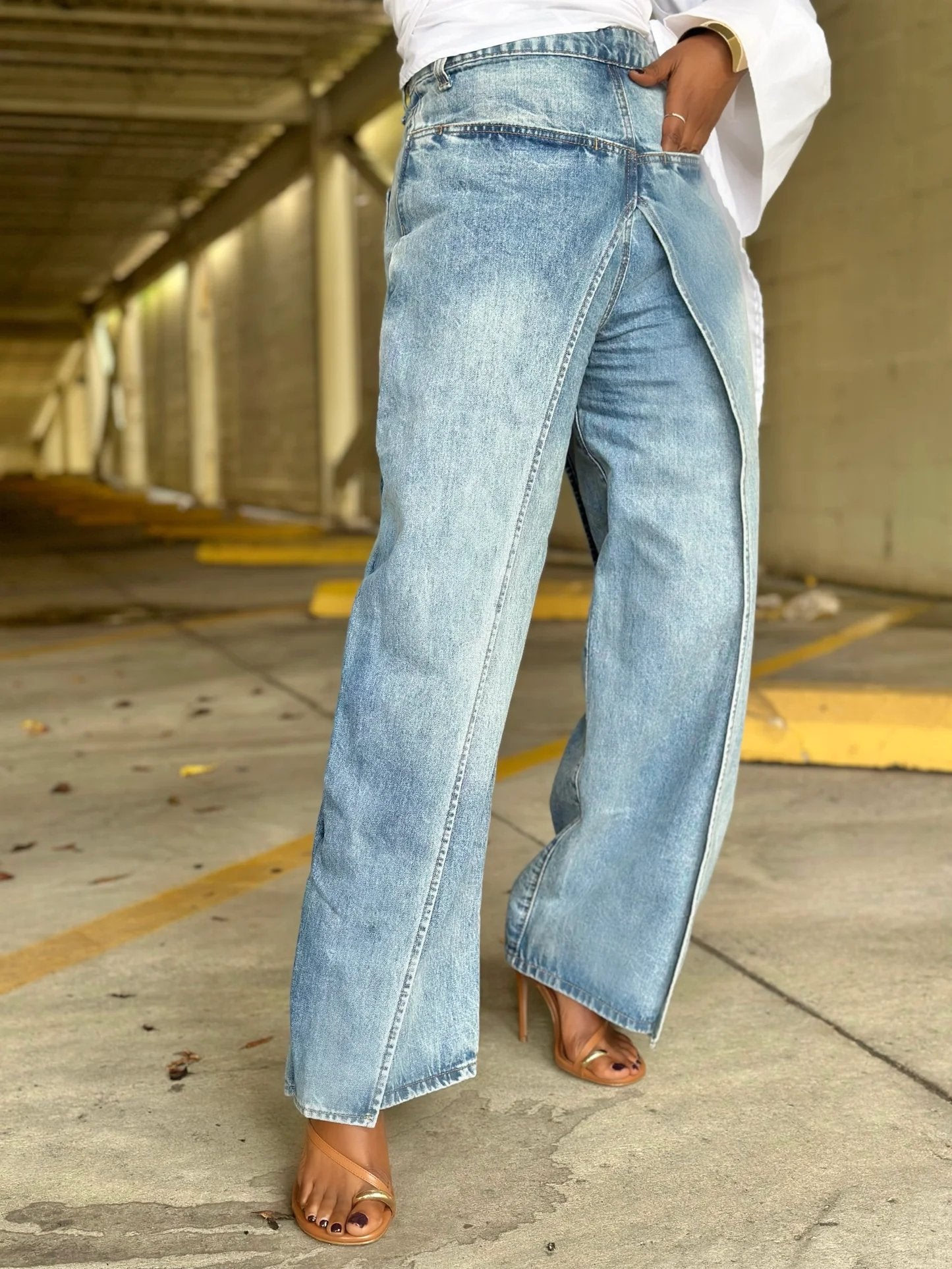 Deconstructed Denim Banana Pants Fake Two Piece Denim Wide Leg Pants