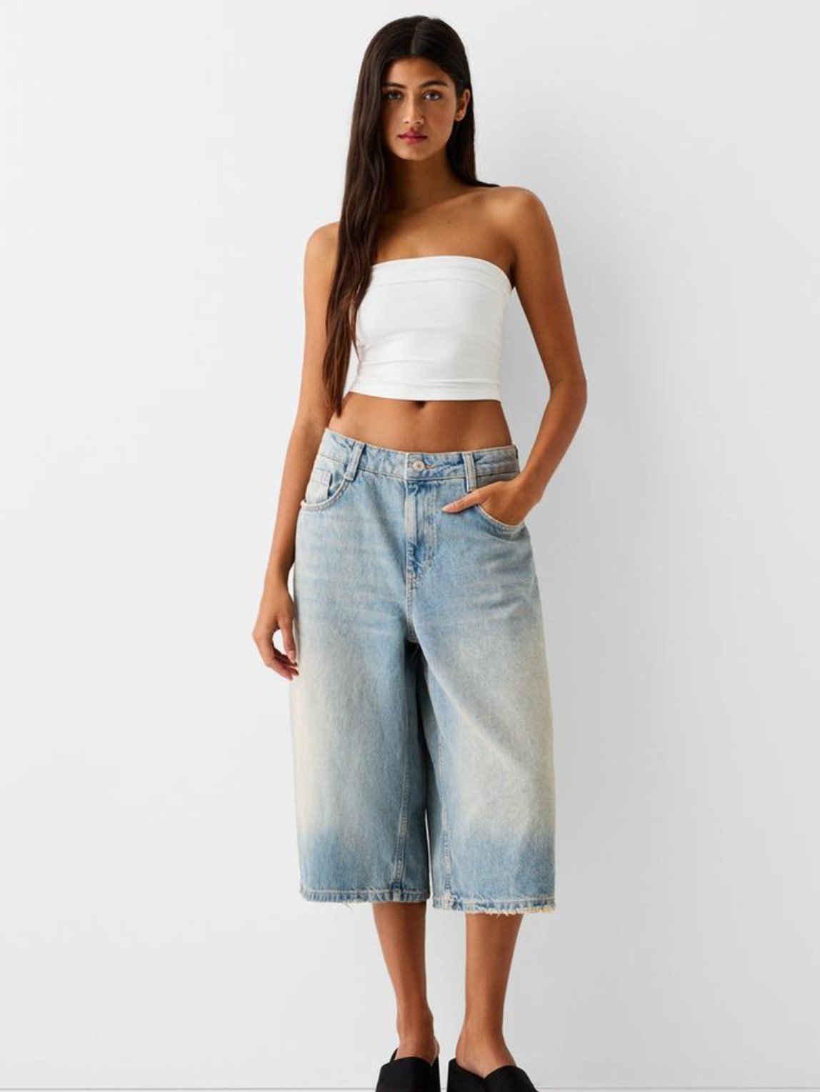 Low-rise loose denim cropped pants