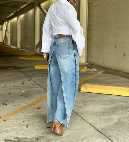 Deconstructed Denim Banana Pants Fake Two Piece Denim Wide Leg Pants