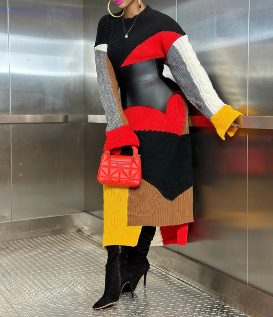 Color block chunky knit sweater maxi skirt