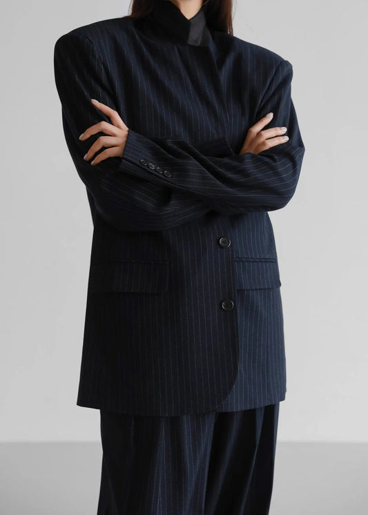 Oversized Blazer and Pants Set - Navy Pinstripe