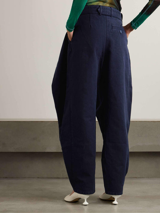 Asymmetrical layered belted organic cotton twill tapered pants