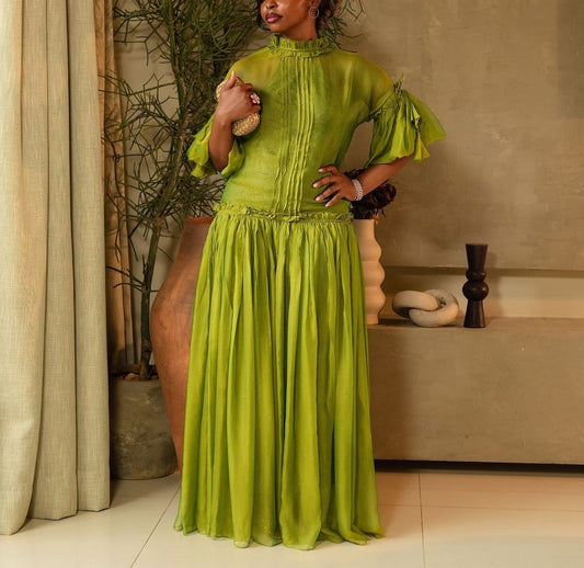 Green Tulle Long Sleeve Maxi Dress