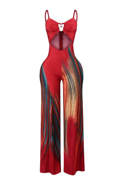 Printed suspender jumpsuit with metallic trim details