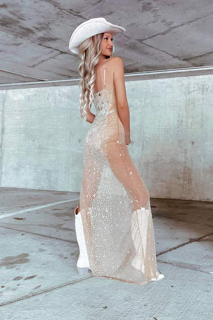 Rhinestone fringed side slit long dress