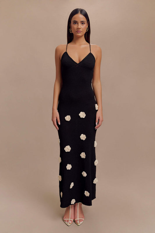 Knit Maxi Dress With Flowers - Black