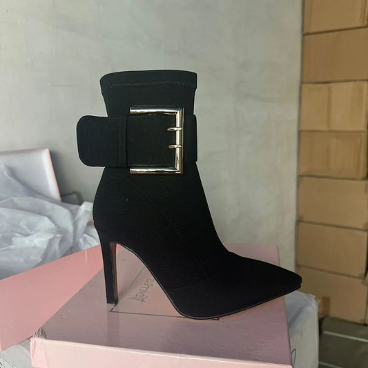 Gold buckle high heel nude boots