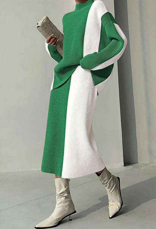 Autumn and winter sweater high waist color block dress suit