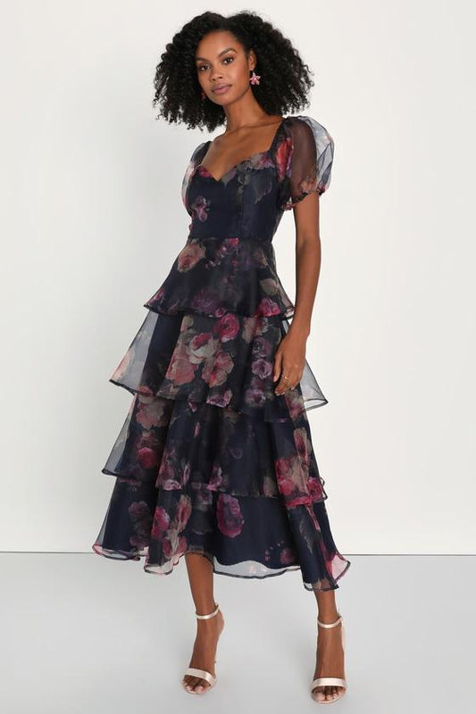 Navy floral organza tiered midi dress