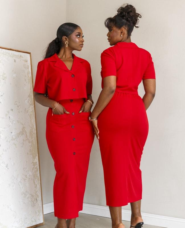 Front slit button red suit skirt