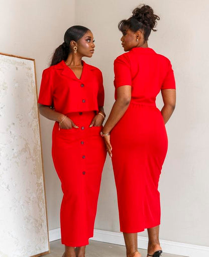 Front slit button red suit skirt