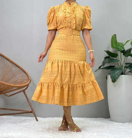 Solid Lace Midi Dress With Belt