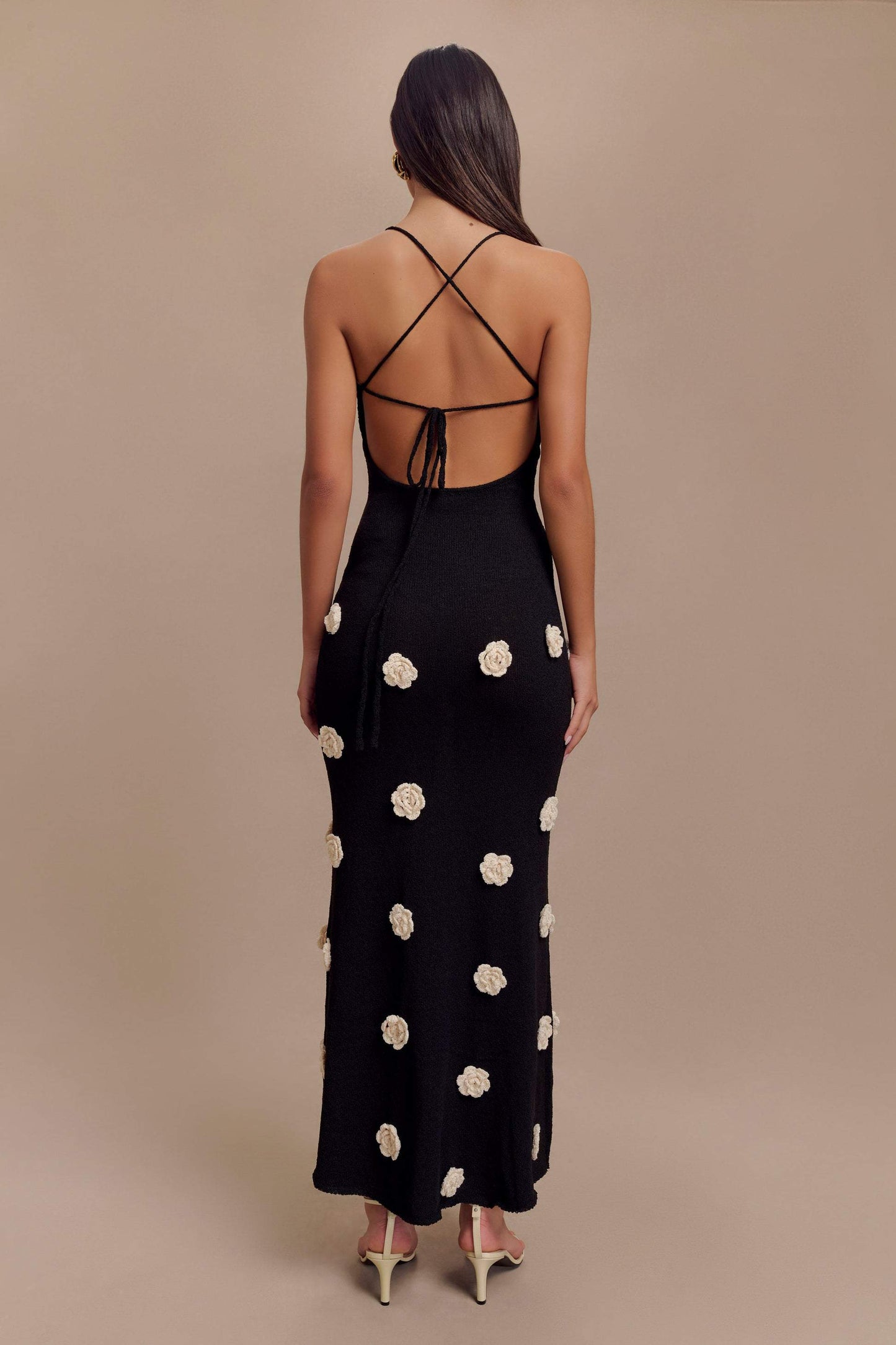 Knit Maxi Dress With Flowers - Black