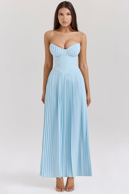 Blue pleated long dress