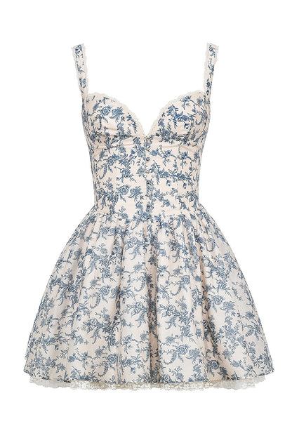 Printed linen and cotton bustier mini dress