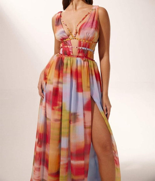 Printed high slit maxi dress