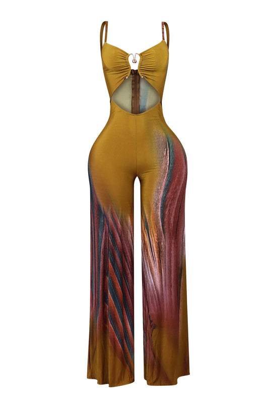 Printed suspender jumpsuit with metallic trim details